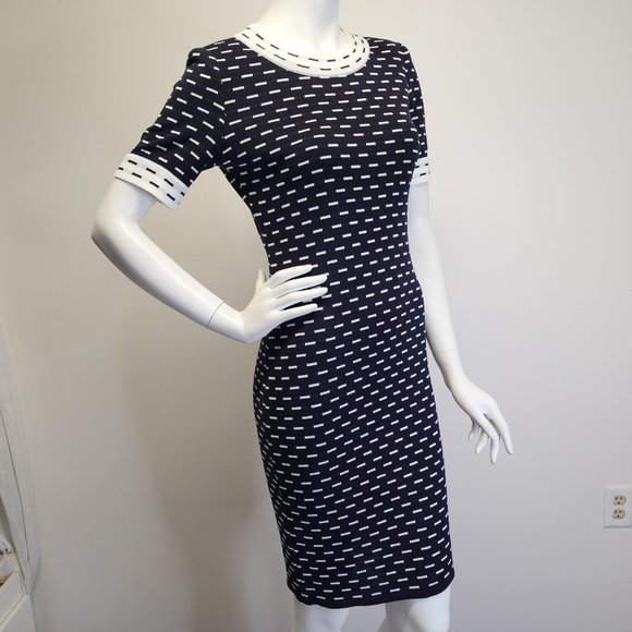 Misook Womens XS Petite Short Sleeve Knit Dress Navy Blue White Dashes & Trim - Picture 4 of 14